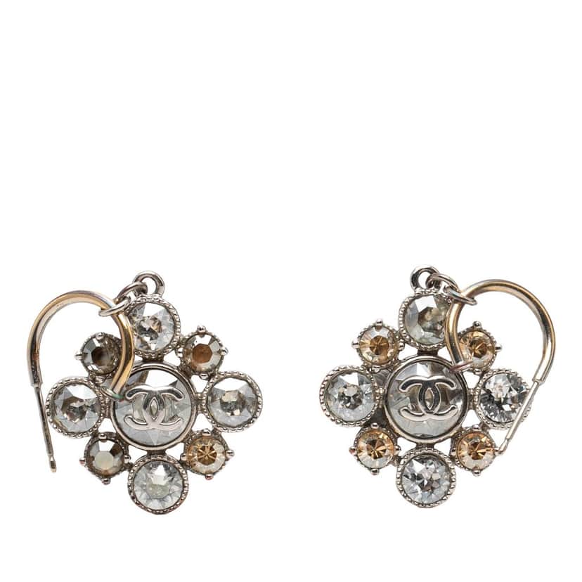 Chanel CC Silver Plated Crystal Rhinestones Dangle Push Back Earrings Silver Metal Very good condition - Front View