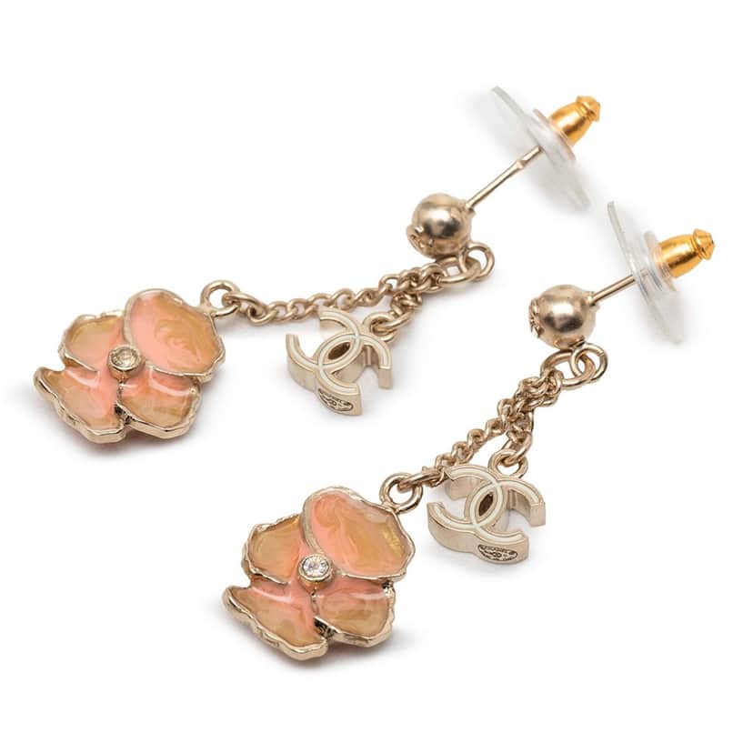 Chanel Gold Plated Enamel CC and Flower Drop Push Back Earrings Gold Metal Very good condition - Front View