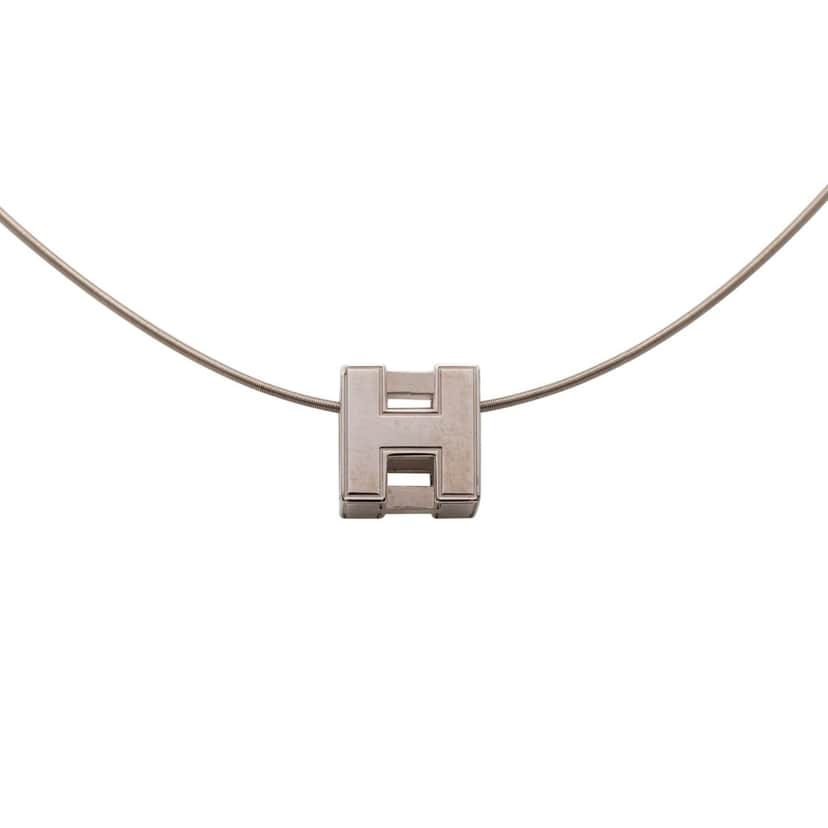 Hermès Palladium Plated Enamel Cage dH Cube Necklace Silver Metal Very good condition - Front View