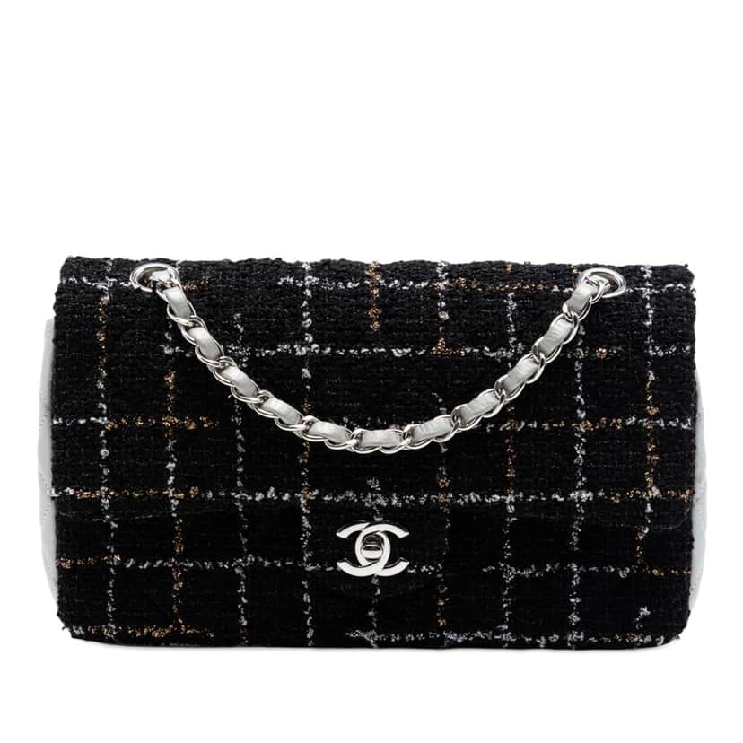 Chanel Medium Classic Quilted Tweed and Metallic Lambskin Double Flap Black Good condition - Front View