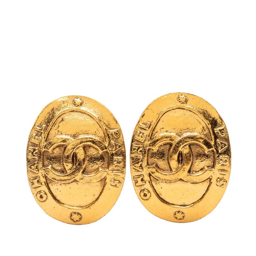 Chanel CC Gold Plated Logo Oval Clip On Earrings Gold Metal Very good condition - Front View