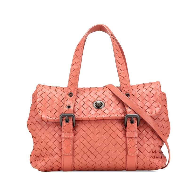 Bottega Veneta Leather Intrecciato Flap Satchel Orange Leather Very good condition - Front View