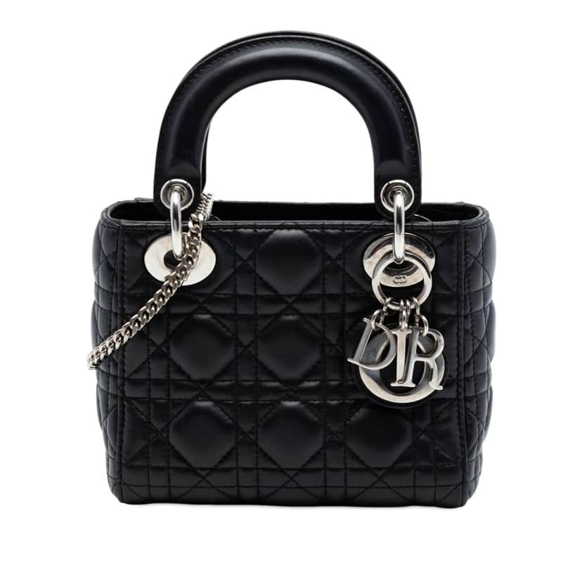 Dior Mini Lambskin Cannage Lady Dior Black Leather Very good condition - Front View