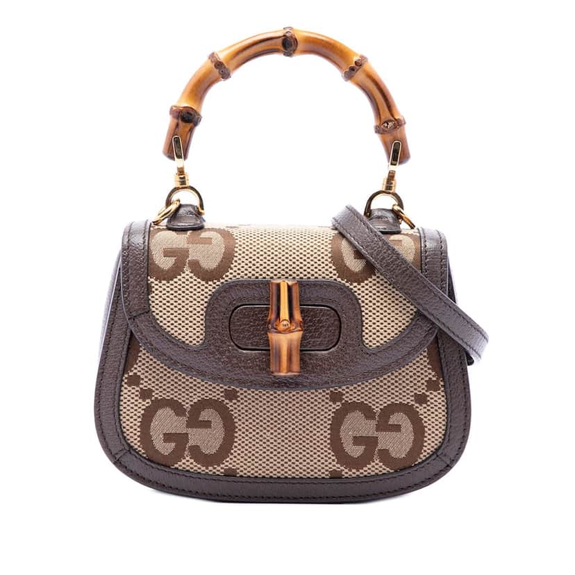 Gucci Mini Jumbo GG Canvas 1947 Bamboo Top Handle Bag Beige Very good condition - Front View