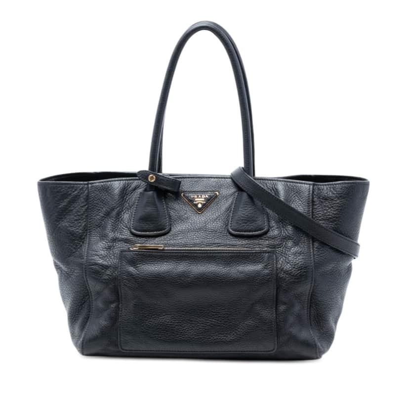 Prada Vitello Daino Front Pocket Open Convertible Tote Black Leather Very good condition - Front View