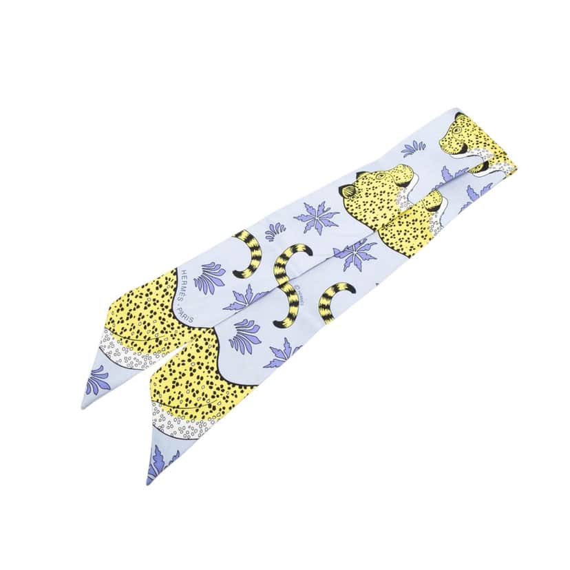 Hermès Les Leopards Silk Twilly Scarf Blue Very good condition - Front View