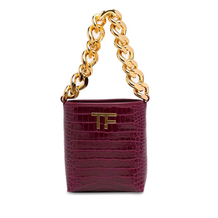 Tom Ford Mini Croc-Embossed Chain Bucket Bag Purple Leather Very good condition - Front View