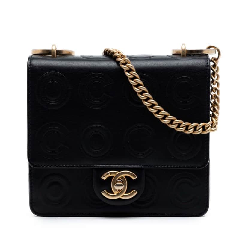 Chanel Mini Square Calfskin Coco Embossed Flap Black Leather Very good condition - Front View