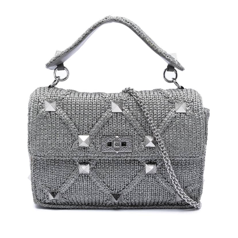 Valentino Large Metallic Knit Roman Stud Satchel Silver Very good condition - Front View