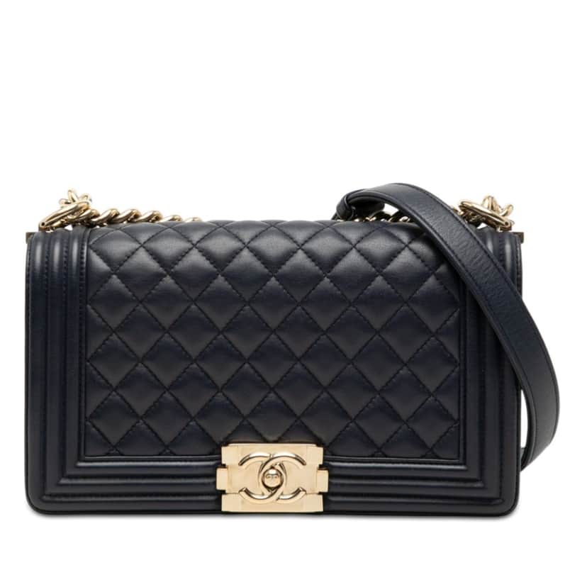 Chanel Old Medium Quilted Lambskin Boy Flap Black Leather Very good condition - Front View