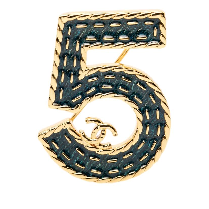 Chanel CC Gold Plated Enamel No. 5 Brooch Gold Metal Very good condition - Front View