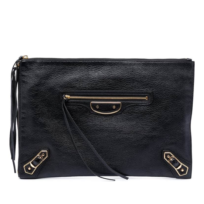 Balenciaga Goatskin Motocross Classic Metallic Edge Clutch Black Leather Very good condition - Front View