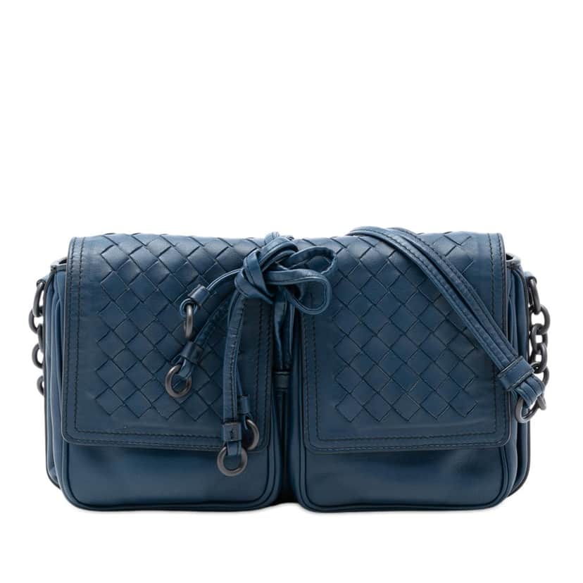 Bottega Veneta Nappa Intrecciato Double Pocket Flap Crossbody Blue Leather Very good condition - Front View
