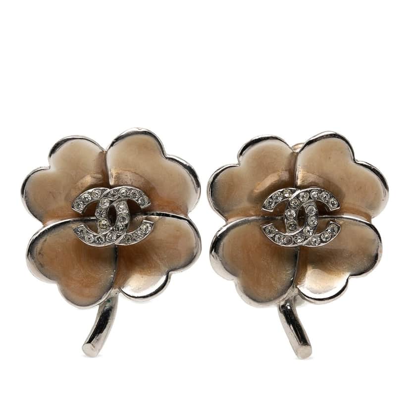 Chanel CC Brass Enamel and Strass Clover Clip On Earrings Silver Metal Very good condition - Front View