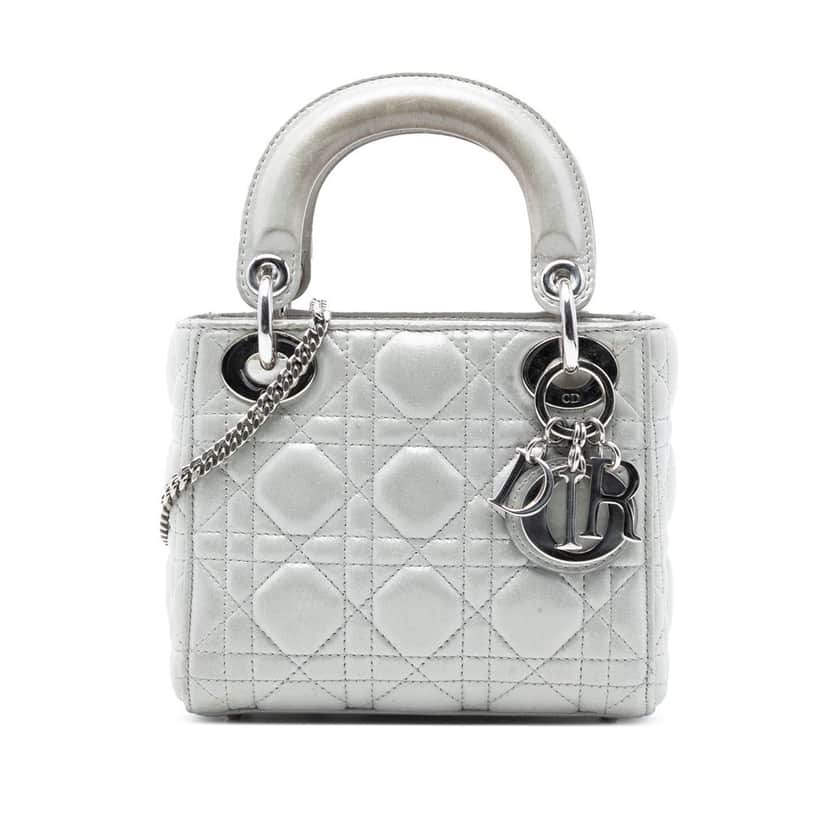 Dior Mini Iridescent Lambskin Cannage Lady Dior Silver Leather Very good condition - Front View