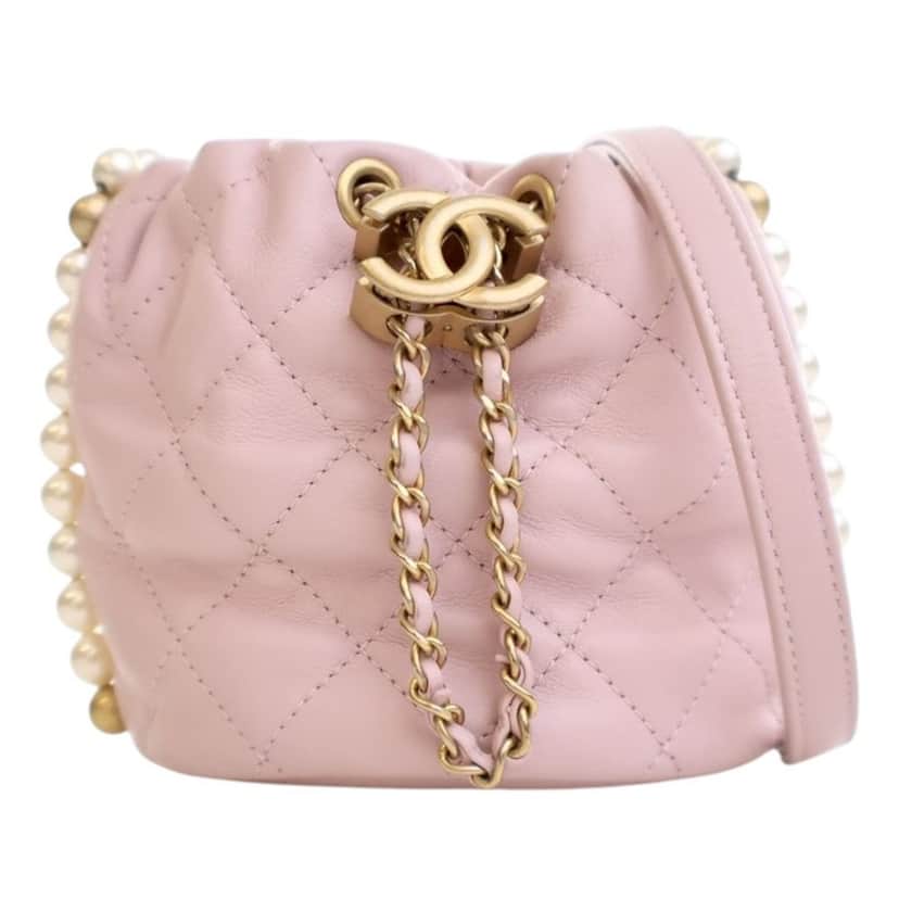 Chanel Mini Quilted Calfskin About Pearls Drawstring Bucket Bag Pink Leather Very good condition - Front View