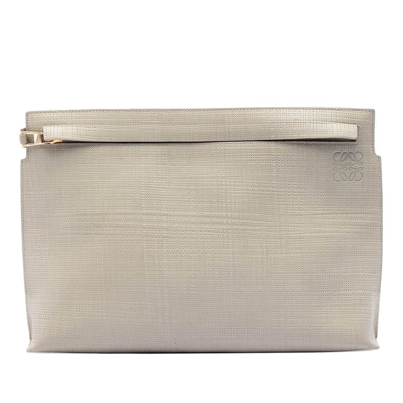 LOEWE Large Linen Embossed Calfskin Anagram T Pouch Beige Leather Very good condition - Front View