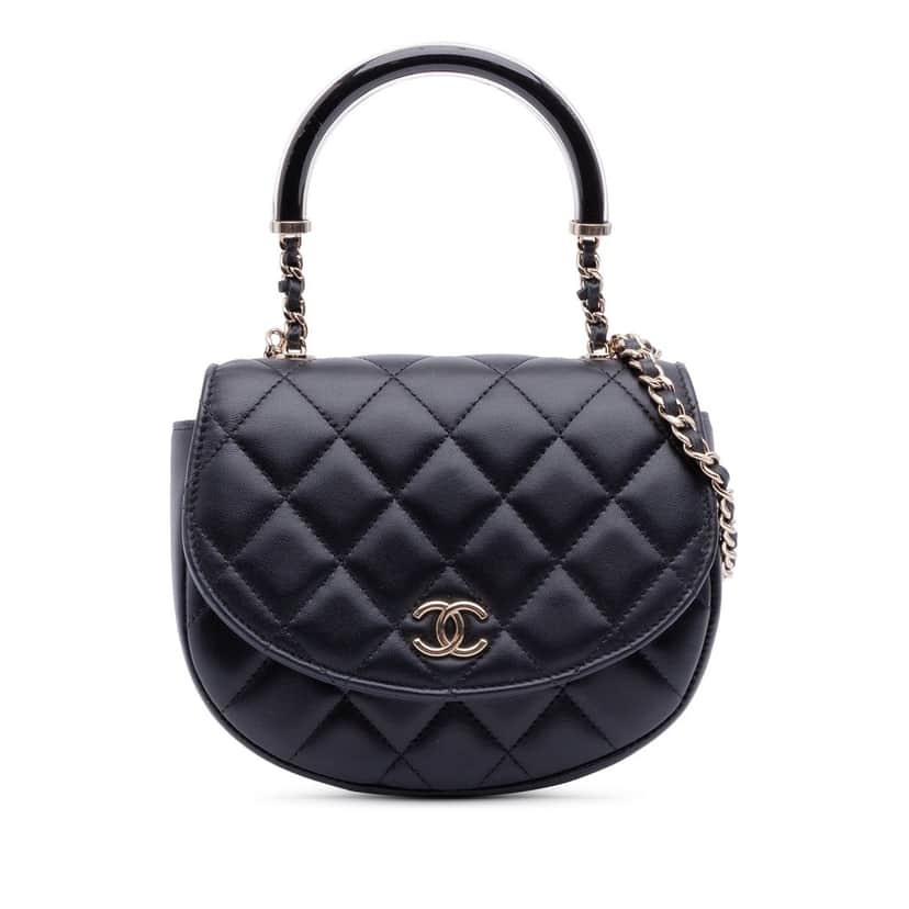 Chanel CC Quilted Lambskin Half Moon Top Handle Flap Black Leather Very good condition - Front View