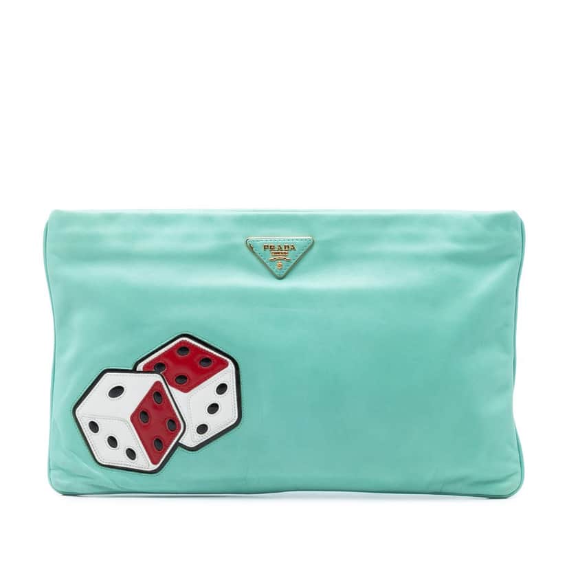Prada Nappa Dice Clutch Green Leather Very good condition - Front View