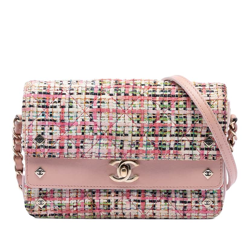 Chanel Small Tweed CC Stud Double Flap Pink Very good condition - Front View