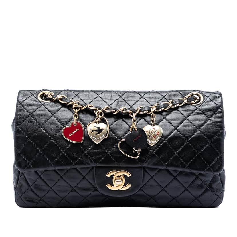 Chanel Medium Classic Lambskin Valentines Heart Charms Single Flap Black Leather Very good condition - Front View