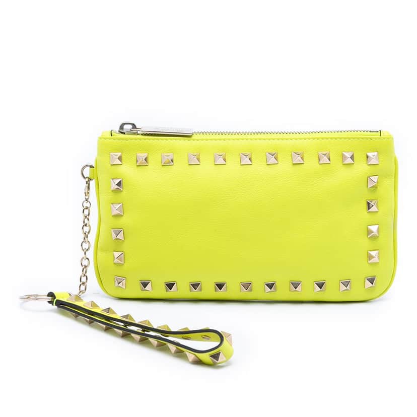 Valentino Leather Rockstud Wristlet Pouch Yellow Leather Very good condition - Front View