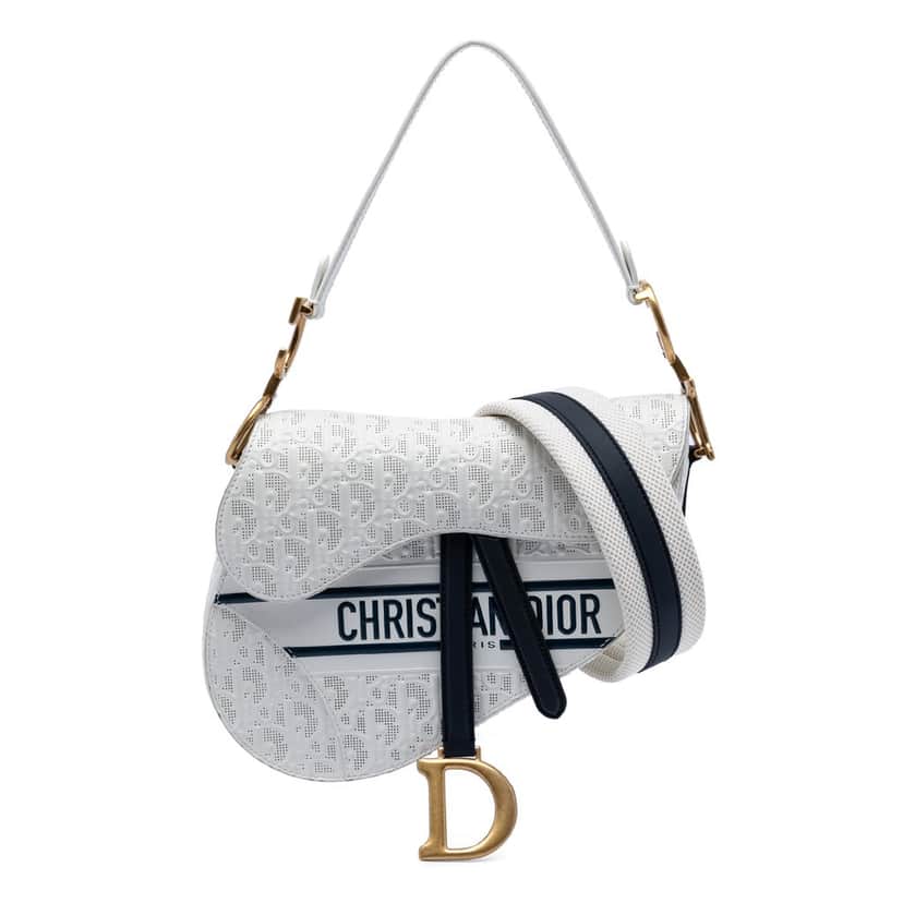 Dior Perforated Oblique Embossed Calfskin Saddle Bag White Leather Very good condition - Front View