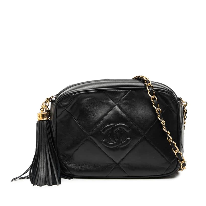 Chanel CC Quilted Lambskin Tassel Camera Bag Black Leather Very good condition - Front View