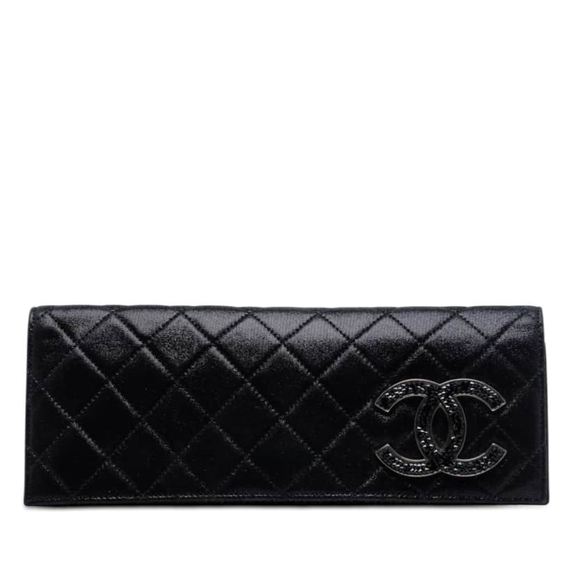 Chanel Quilted Iridescent Suede Crystal CC Clutch Black Leather Very good condition - Front View