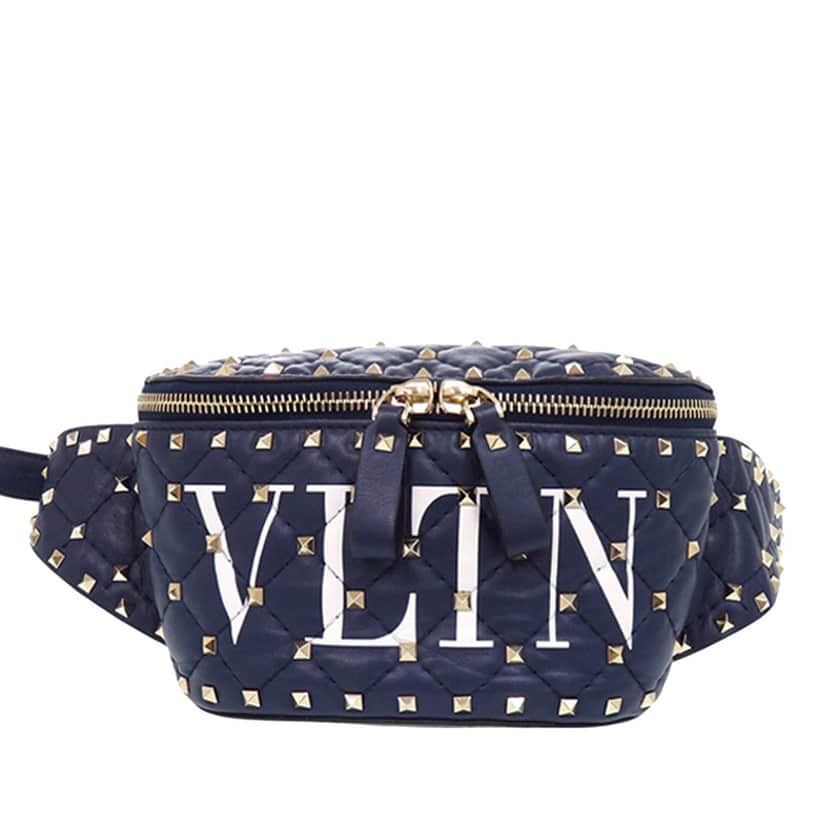 Valentino Quilted Lambskin VLTN Rockstud Spike Belt Bag Blue Leather Never worn - Front View