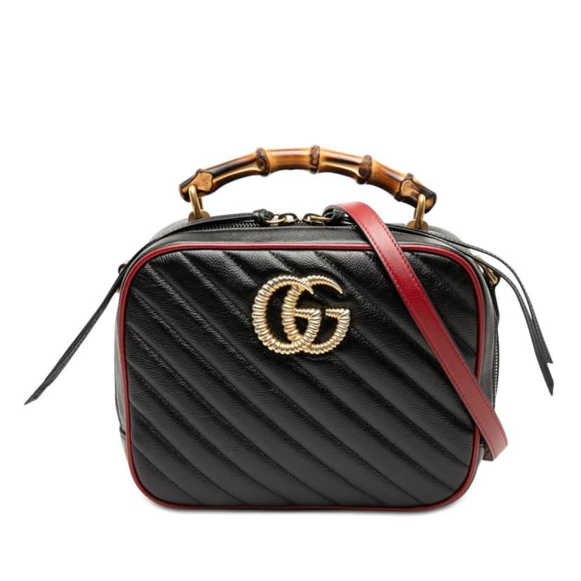 Gucci Small GG Marmont Matelasse Diagonal Leather Torchon Bamboo Satchel Black Leather Very good condition - Front View