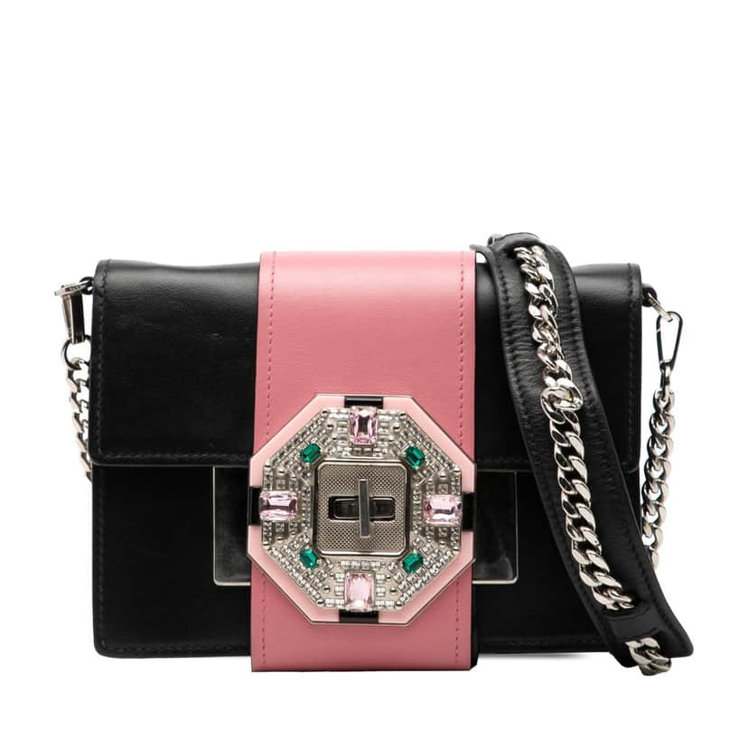 Prada City Calf Crystal Embellished Ribbon Bag Black Leather Very good condition - Front View
