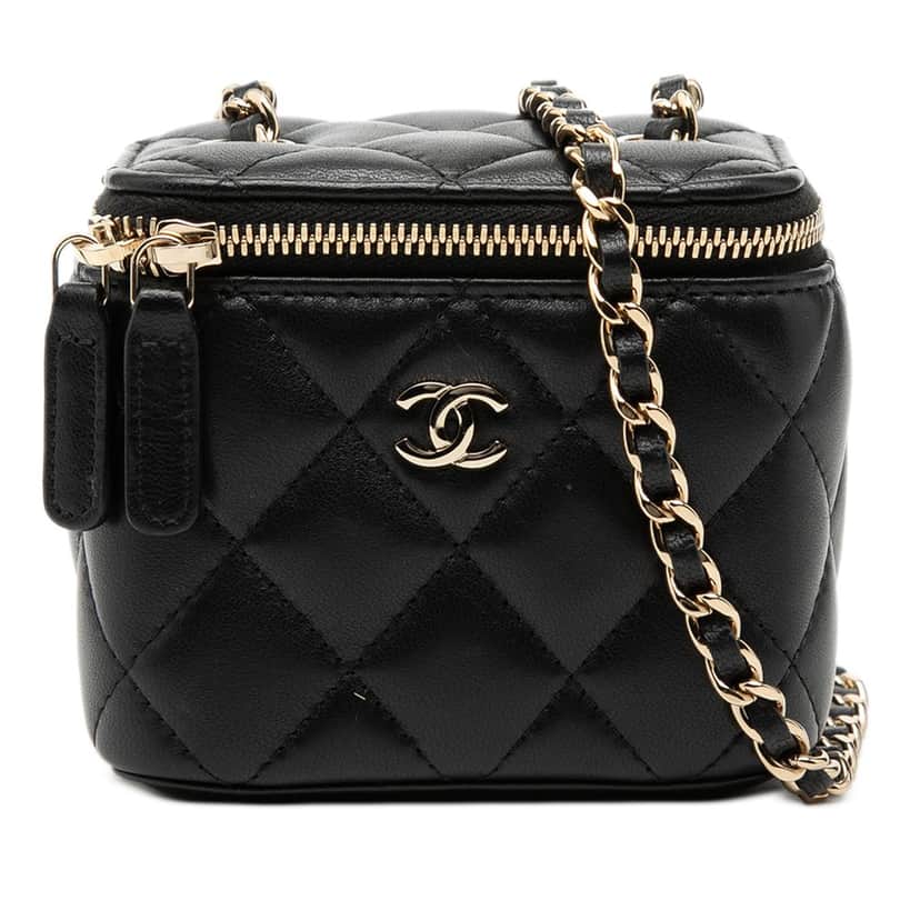 Chanel Mini Quilted Lambskin Vanity Case with Chain Black Leather Very good condition - Front View