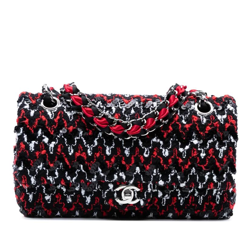 Chanel Medium Classic Tweed Sequins Double Flap Black Good condition - Front View