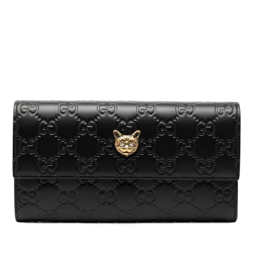 Gucci Guccissima Signature Crystal Cat Continental Wallet Black Leather Very good condition - Front View