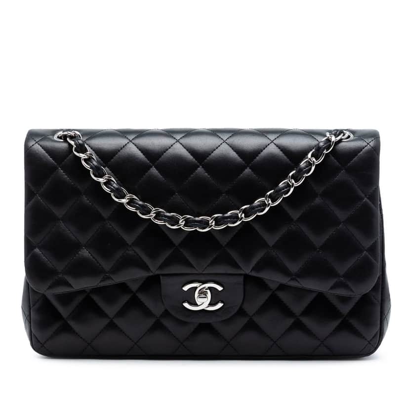 Chanel Jumbo Classic Lambskin Double Flap Black Leather Very good condition - Front View