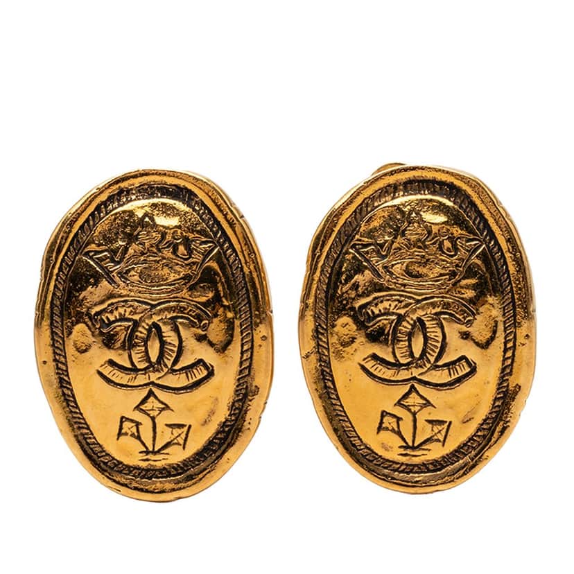 Chanel CC Gold Plated Oval Crown Earrings Gold Metal Very good condition - Front View