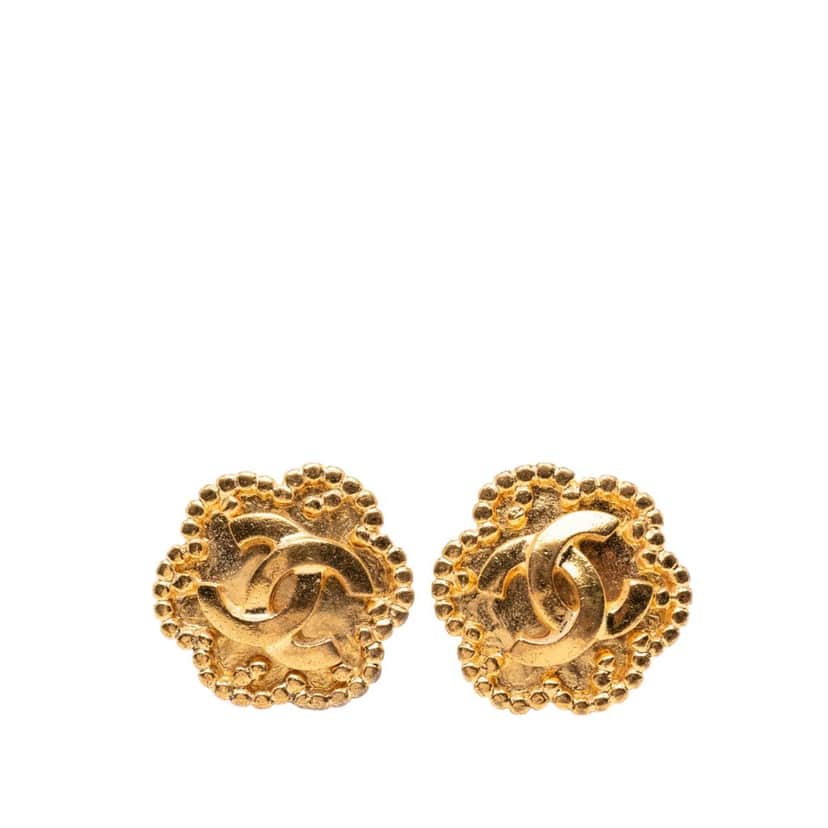 Chanel CC Gold Plated Flower Clip On Earrings Gold Metal Very good condition - Front View