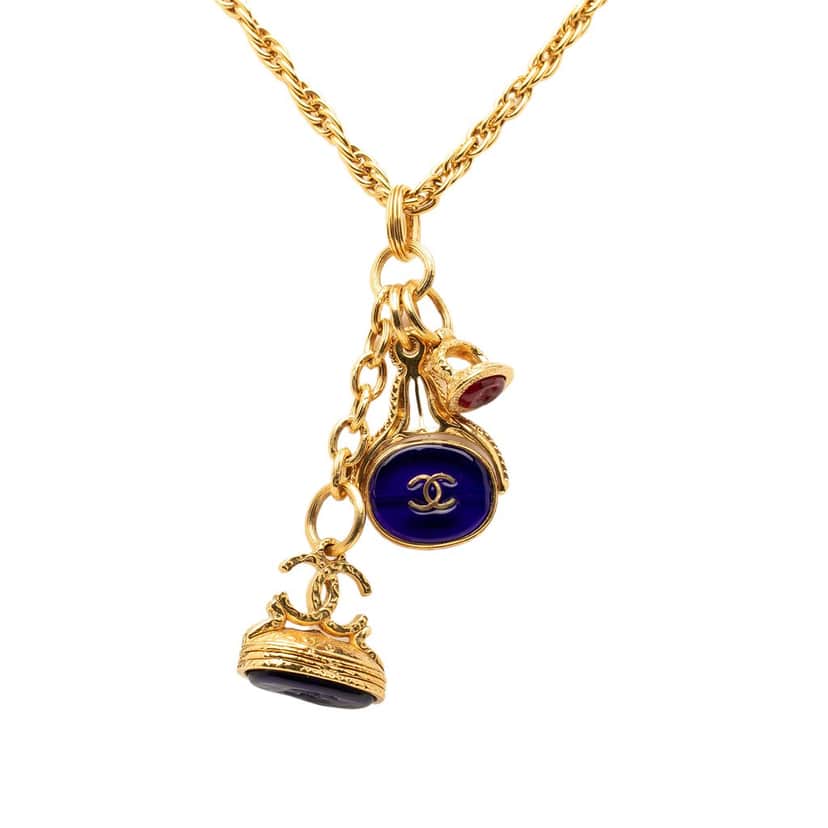 Chanel CC Gold Plated Gripoix Glass Triple Pendant Necklace Gold Metal Very good condition - Front View