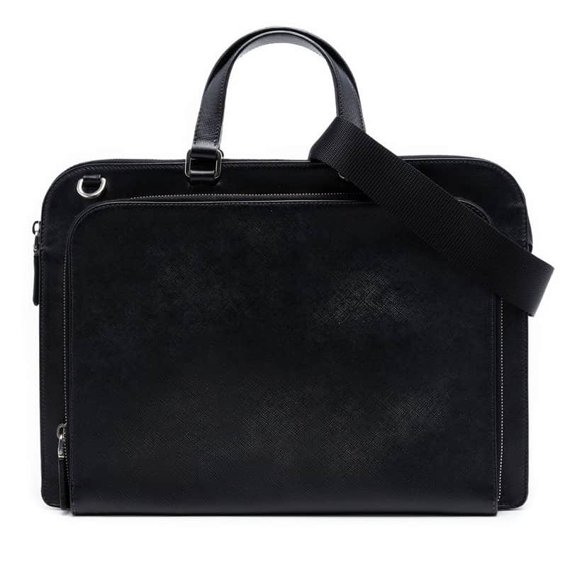 Prada Saffiano Cuir Travel Front Zip Pocket Briefcase Black Leather Very good condition - Front View