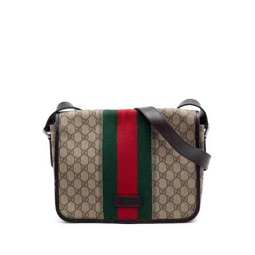 Gucci Medium GG Supreme Web Flap Messenger Bag Beige Very good condition - Front View