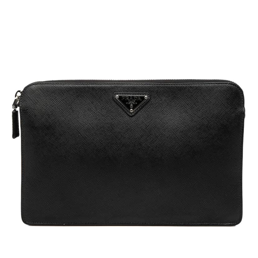 Prada Saffiano Clutch Black Leather Very good condition - Front View