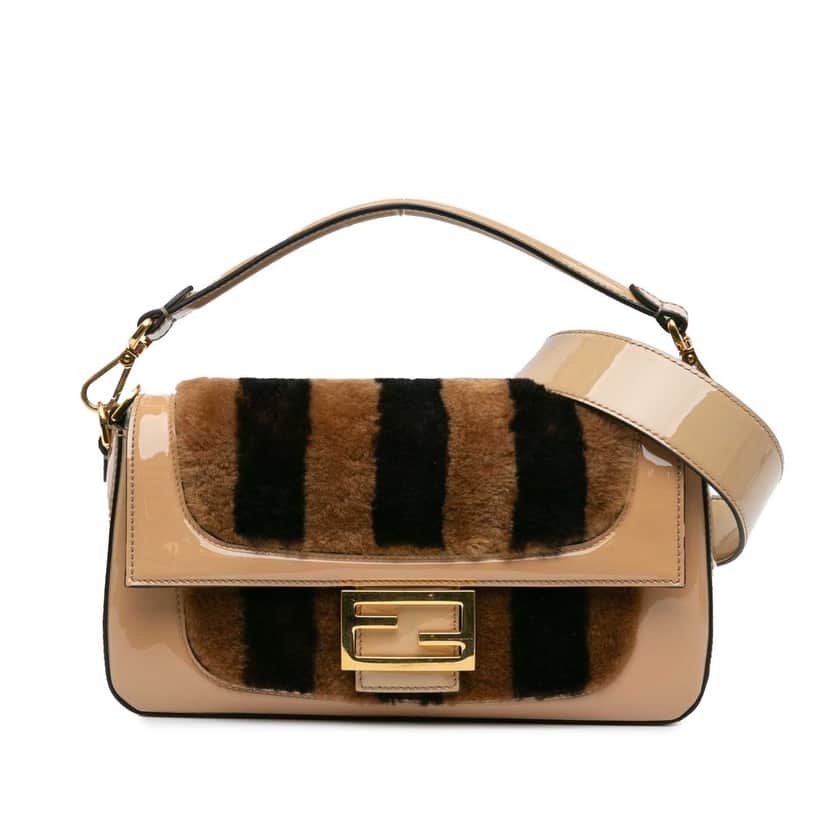 Fendi Shearling Pequin Baguette Satchel Beige Very good condition - Front View