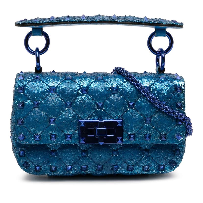 Valentino Mini Glitter Rockstud Spike Satchel Blue Very good condition - Front View