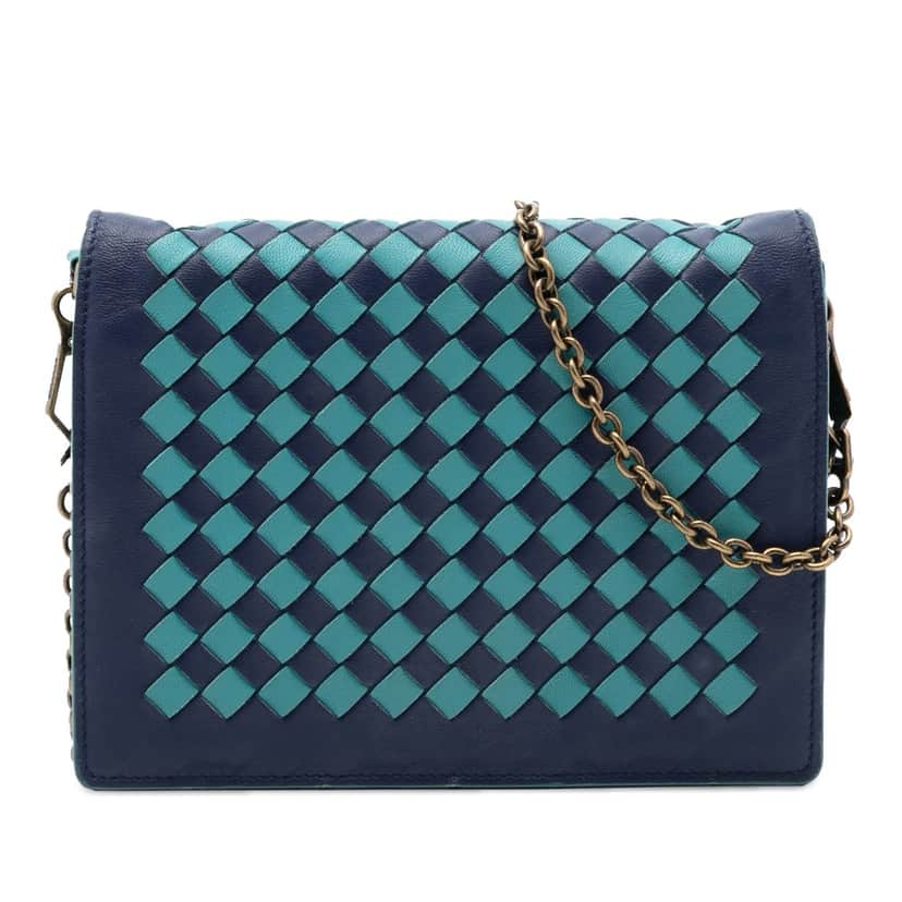 Bottega Veneta Nappa Intrecciato Wallet on Chain Blue Leather Very good condition - Front View