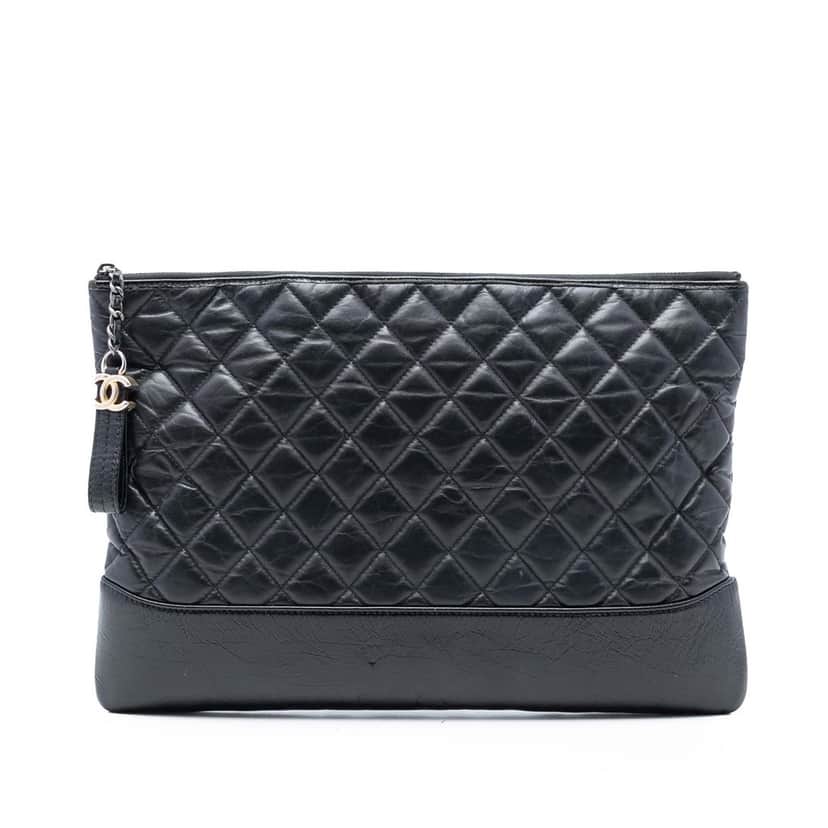 Chanel Large Aged Calfskin Gabrielle O Case Clutch Black Leather Very good condition - Front View