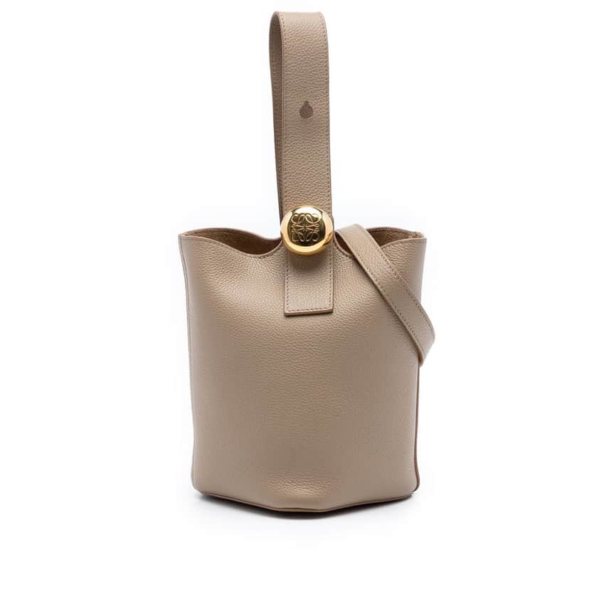 LOEWE Mini Grained Calfskin Pebble Bucket Bag Brown Leather Very good condition - Front View