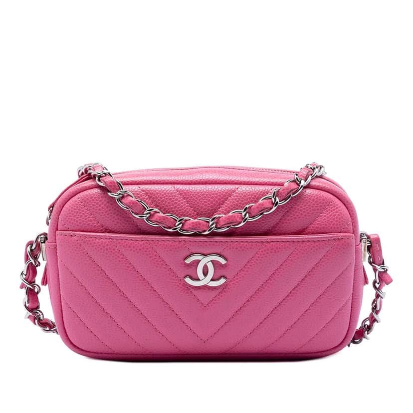 Chanel CC Chevron Caviar Camera Bag Pink Leather Very good condition - Front View