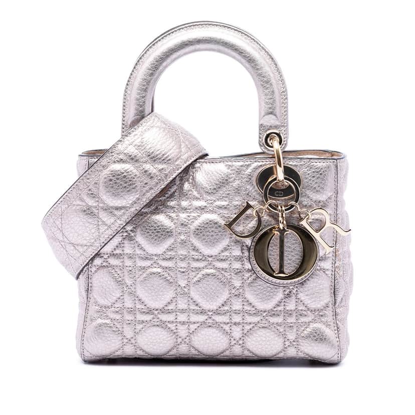 Dior Small Metallic Grained Calfskin Cannage Supple Lady Dior Silver Leather Very good condition - Front View