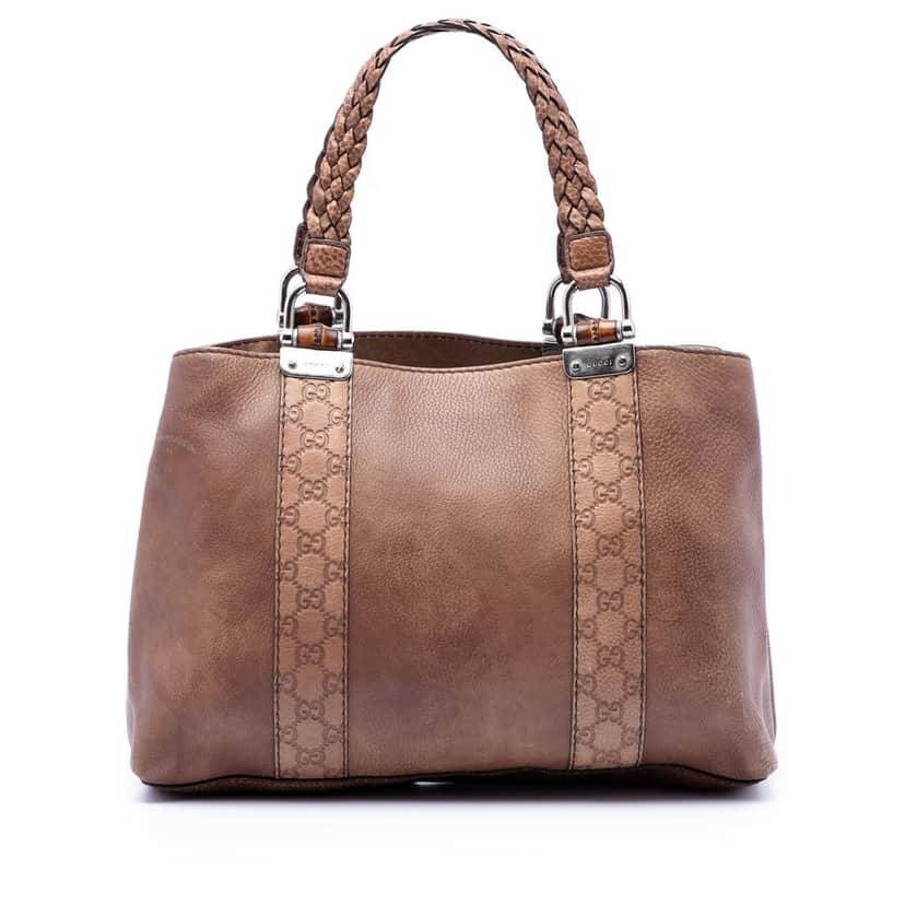 Gucci Medium Guccissima Trimmed Leather Bamboo Libeccio Tote Brown Leather Very good condition - Front View